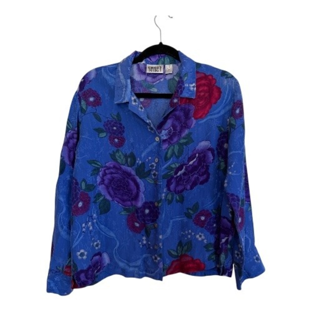 Chico's Design Button Up Shirt Women Large 2 Blue Floral Silk Long Sleeve Blouse